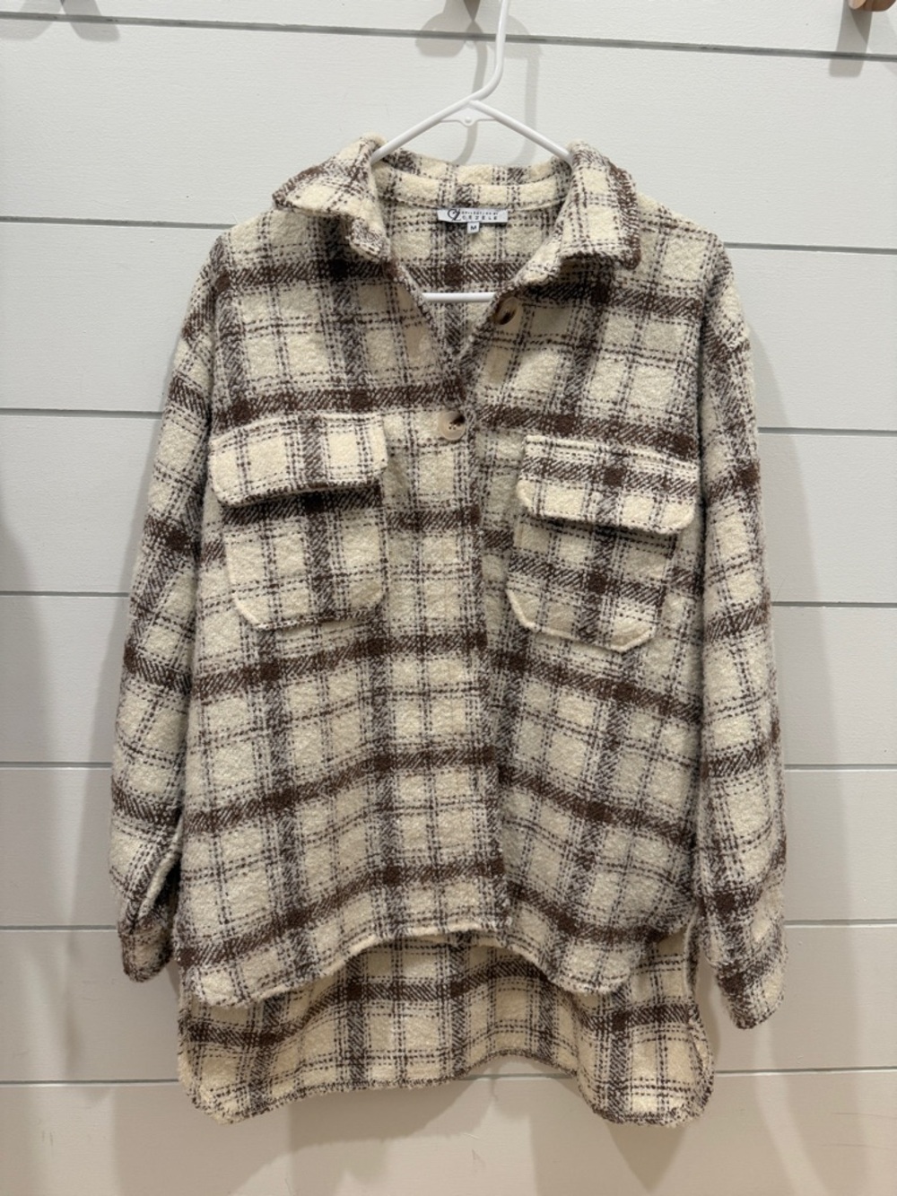 Plaid Button-Front Shacket in Cream and Brown